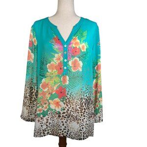 Soft Surroundings Tropical Top Women Medium Green Floral Sheer Resort Cover Up